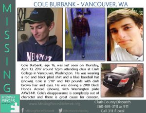 Missing person flier for Cole Burbank