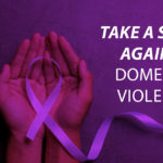 Hands holding a purple awareness ribbon. Text reads: "Take a Stand against Domestic Violence ... October: Domestic Violence Awareness Month." Clark College logo appears in top-left corner.