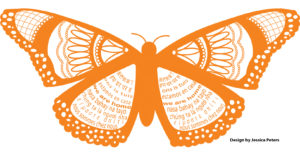 Illustration of orange butterfly with "we are home" written on the wings in multiple languages