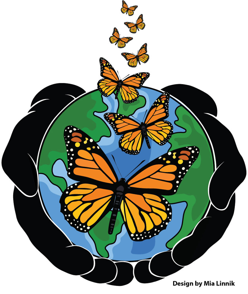Illustration of two hands holding a globe with monarch butterflies flying over it