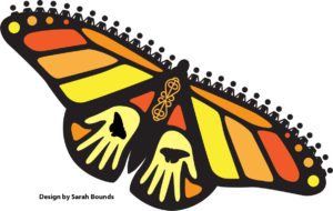 Illustration of orange, yellow, and black butterfly with open hands drawn on its bottom wings and people along the top wings' edges