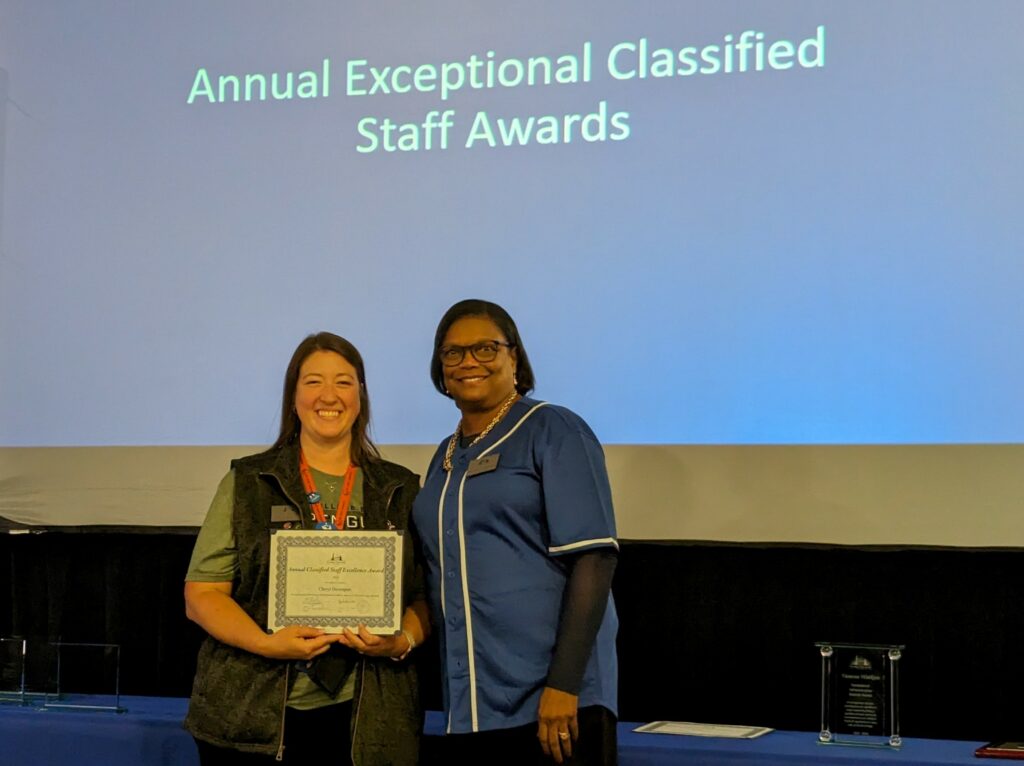 Exceptional Classified Staff Award recipient Cheryl Davenport with Dr. Edwards.