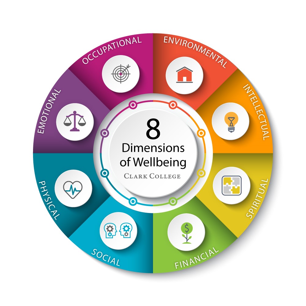 chart with colored backgrounds and icons depicting the 8 dimensions of well-being listed.