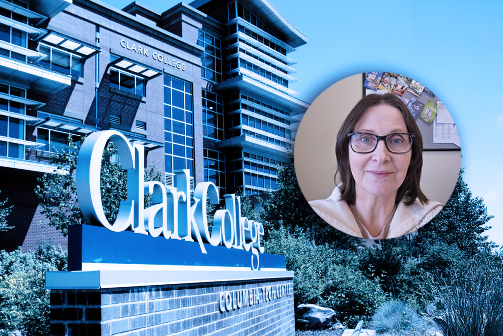 photo of Trish in circle over a photo of the CTC building