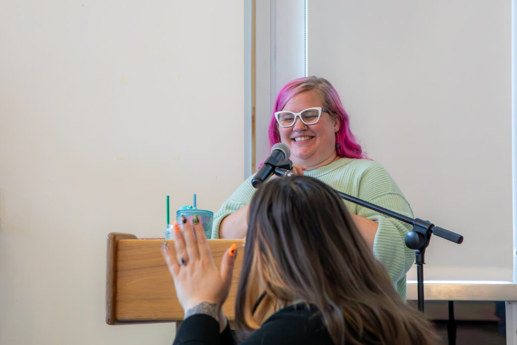 person at microphone