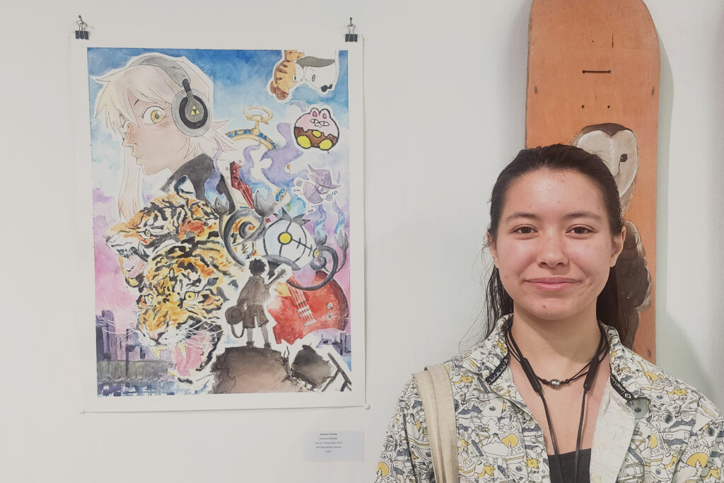 person with art on wall