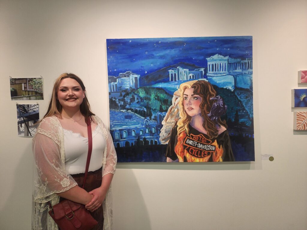 person with art on wall